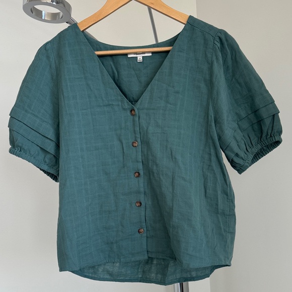 Madewell Tops - Madewell Teal Green Button-Front V-Neck Puff Sleeve Blouse
